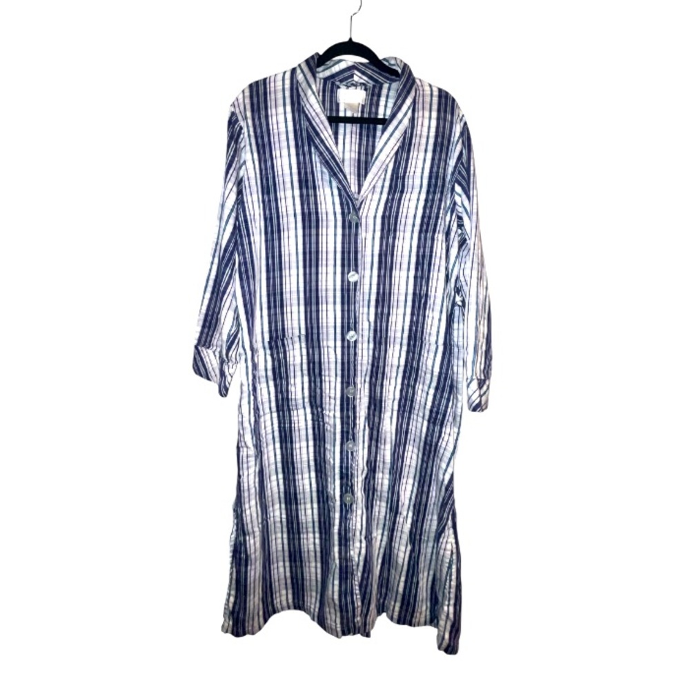 Cabernet Sleepwear Plaid Button Down Robe Split Sides Navy Wht Pockets Size M